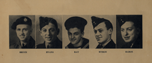 Portraits individuels de cinq jeunes hommes portant des casquettes militaires.