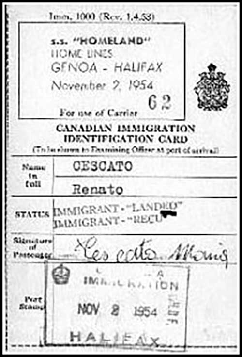 Carte d’identité de l’immigration canadienne de Renato Cescato.