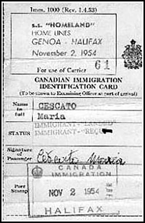 Carte d’identité de l’immigration canadienne de Maria Cescato.