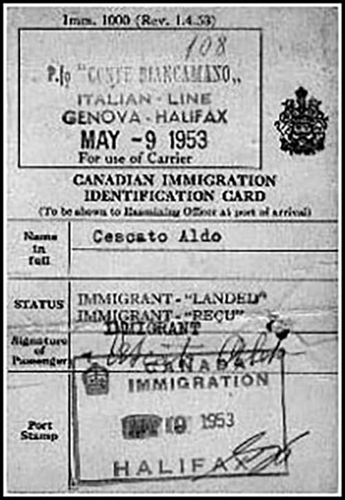 Carte d’identité de l’immigration canadienne d’Aldo Cescato.