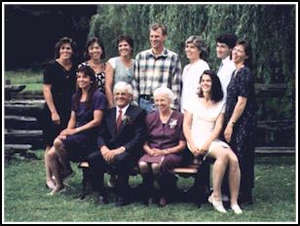 Photo de famille de plusieurs membres assis sur et autour d’un banc de parc.