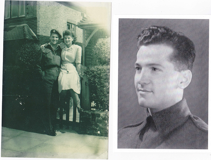 Deux photos sont collées sur du papier, dans la première il y a un jeune homme en uniforme avec une jeune femme et dans la seconde, un jeune homme en uniforme militaire.