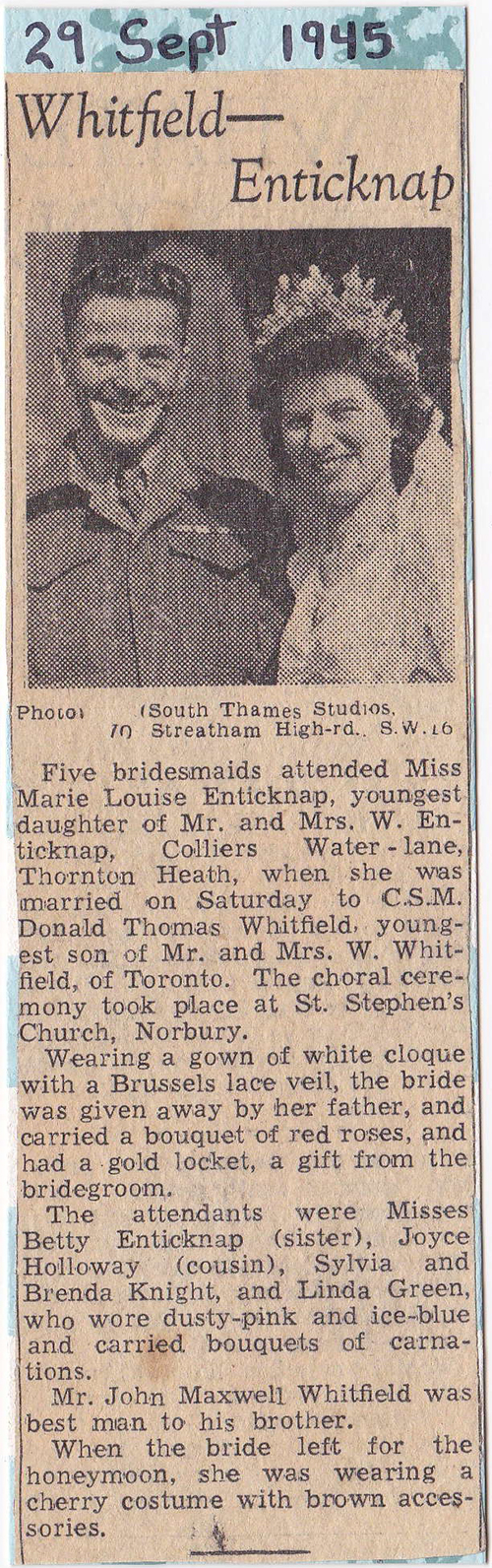 Coupure de journal du couple marié avec en-tête du 29 septembre 1945.