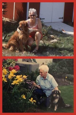 Deux photos avec un cadre rouge autour de chacune d’elles, montrant une femme blanche d’un certain âge avec un chien, posant à l’extérieur.
