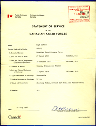 Document jauni intitulé Statement of Service in the Canadian Armed Forces.