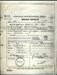 Vieux document intitulé Canadian Expeditionary Force Discharge Certificate.