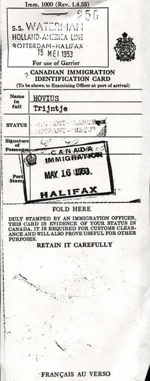Carte d’identité de l’immigration canadienne de Trijntje Hovius.