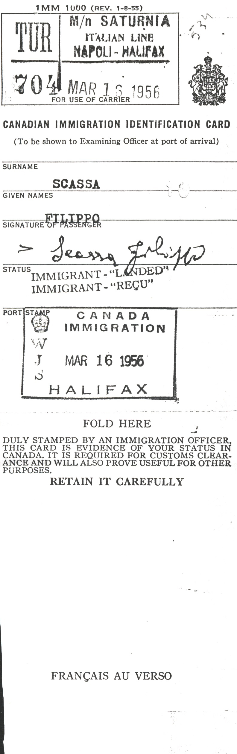 Carte d'identité canadienne de l'immigration de Filippo Scassa.