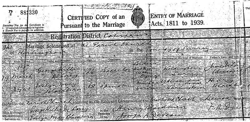 Ancienne copie certifiée d’un certificat de mariage.