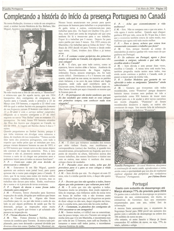 Article de journal en portugais daté du 2 mai 2004.