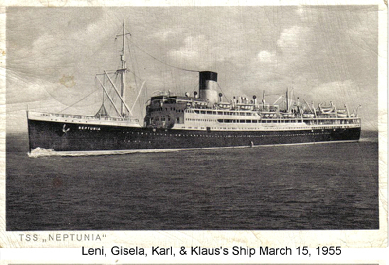 Image d’archives d’un grand navire intitulé Leni, Gisela, Karl et le navire de Klaus. 15 mars 1955.