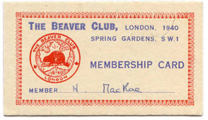 Carte de membre appartenant à Hugh, intitulée The Beaver Club.