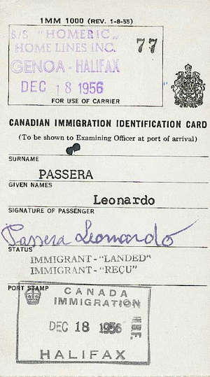 Carte d’identité canadienne de l’immigration, estampillée le 18 décembre 1956.