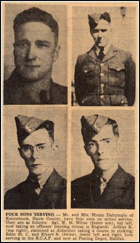 Article de journal montrant des photographies individuelles de quatre frères en tenue militaire.  