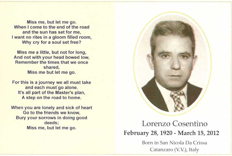 Une carte commémorative pour Lorenzo Cosentino avec sa photo et les dates du 28 février 1920 au 15 mars 2012.