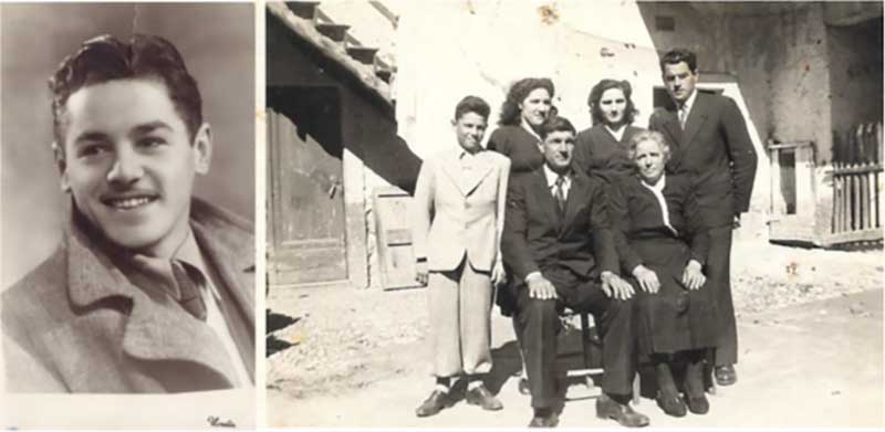 Deux images côte à côte, montrant un jeune homme souriant à gauche, et une famille assise devant une maison à droite, attendant que leur photo soit prise.