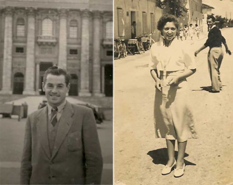 Deux images côte à côte, montrant un jeune homme en costume et cravate à gauche, et une jeune femme à droite, regardant la caméra et riant. 