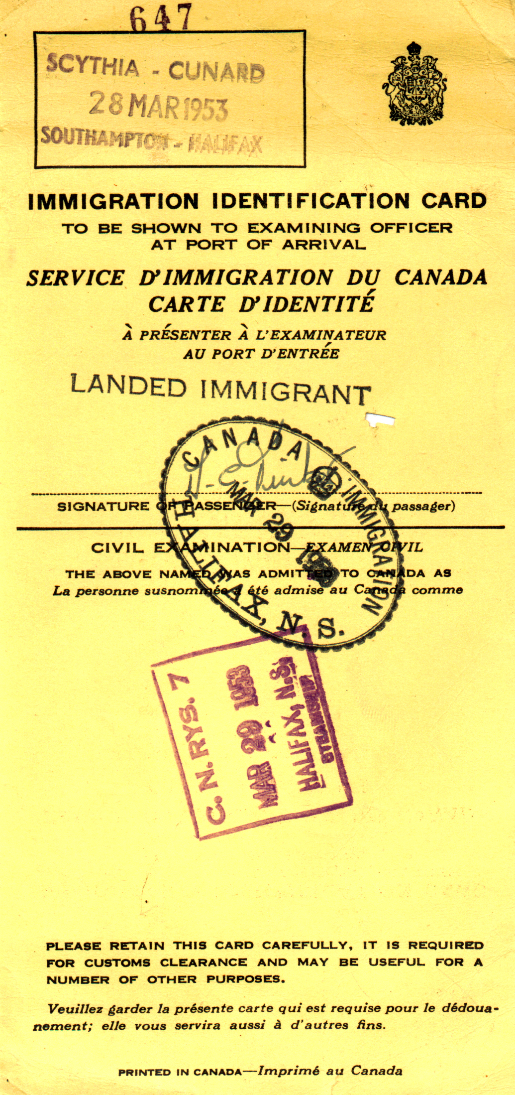 Carte d'identité de l'Immigration timbre canadien à ce sujet