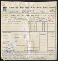 Document de voyage indiquant National Hellenic American Lines.