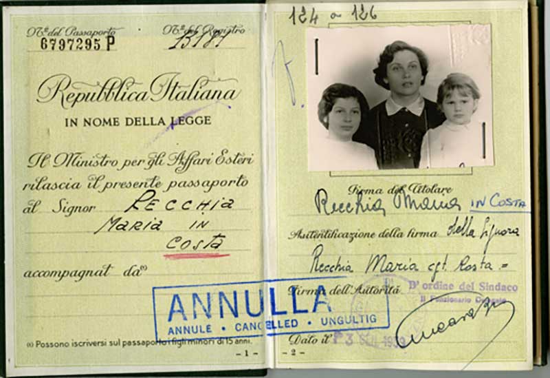 Page photo d’un vieux passeport italien contenant la photo d’une femme et de deux enfants.