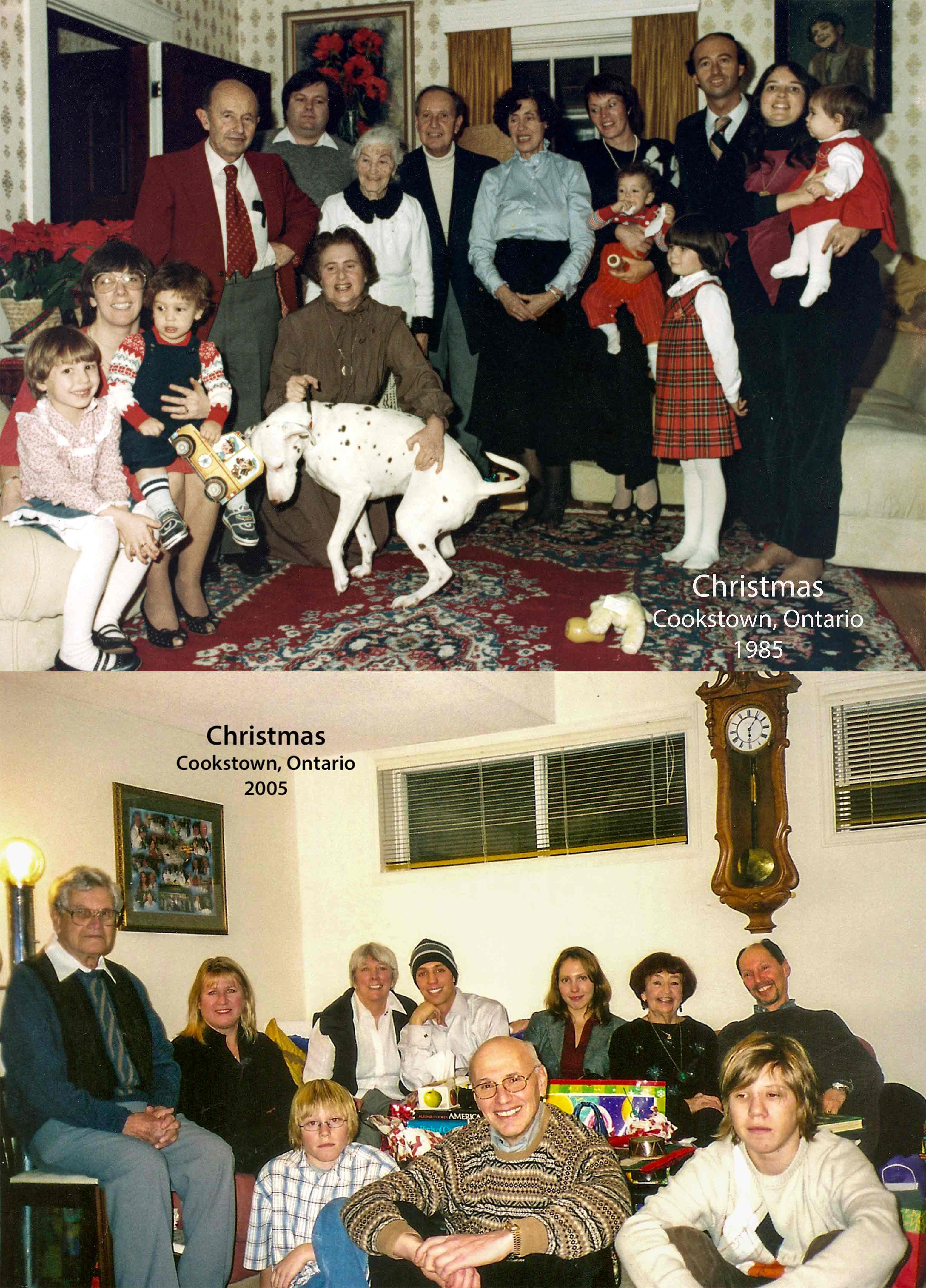 Deux photos d’une famille blanche réunie pour Noël, en 1985 et en 2005.