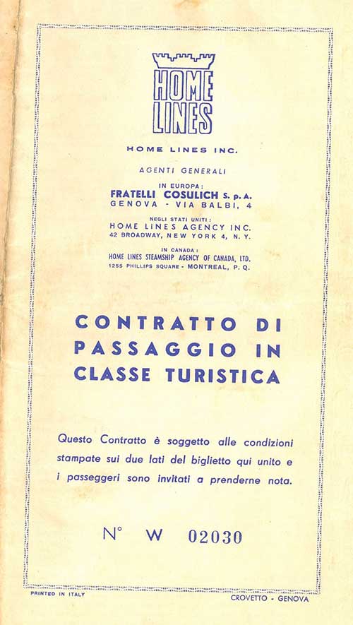 Vieux papier blanc cassé avec en-tête de Home Lines en italien, imprimé en Italie.