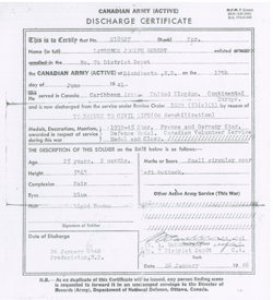 Vieux document intitulé Canadian Army (active) Discharge Certificate (Certificat de démobilisation de l’Armée canadienne active).