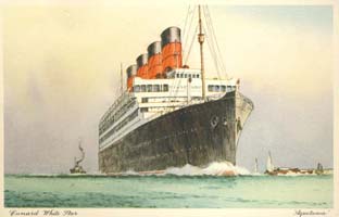 Carte postale colorée montrant le grand navire Aquitania avec des bateaux plus petits autour.