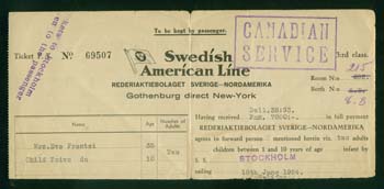 Toivo's travel ticket with Swedish American Line written at the bottom.