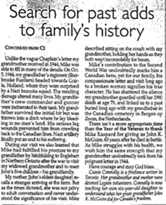 Coupure de journal avec titre La recherche du passé ajoute à l’histoire de la famille.
